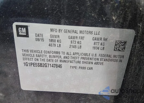 2016 Chevrolet Cruze Limited 1Lt Auto из США, поврежденный, VIN 1G1PE5SB2G7147846